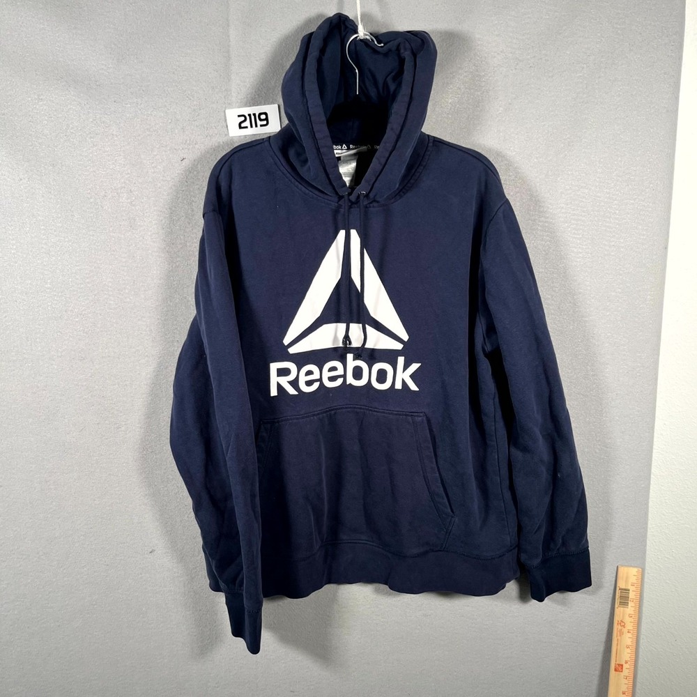 Reebok Delta Logo Hoodie Mens Large Navy Blue Fleece Lined Graphic Print Cotton